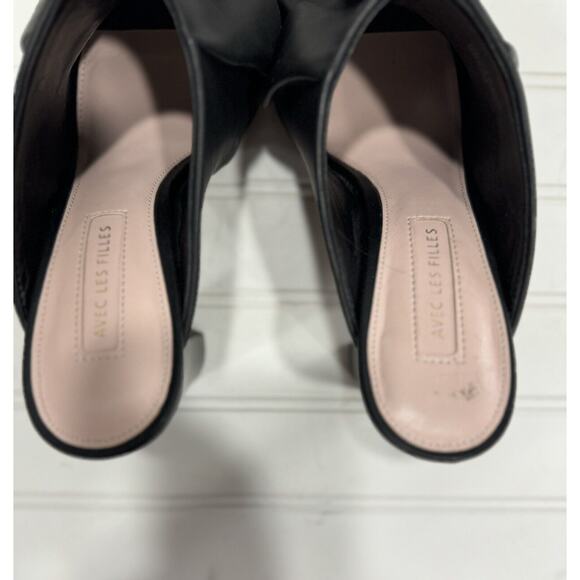 Avec Les Filles Black Ruffle Leather Peep Toe Heeled Mules Size 7.5 - Picture 4 of 7